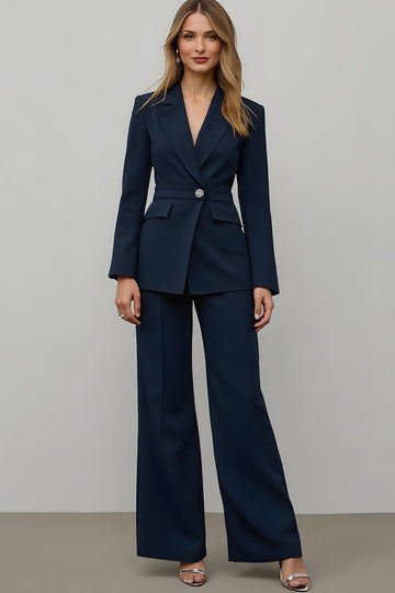 Marine 2 Pièce Satin Cranté Revers Femmes Costumes de Bal